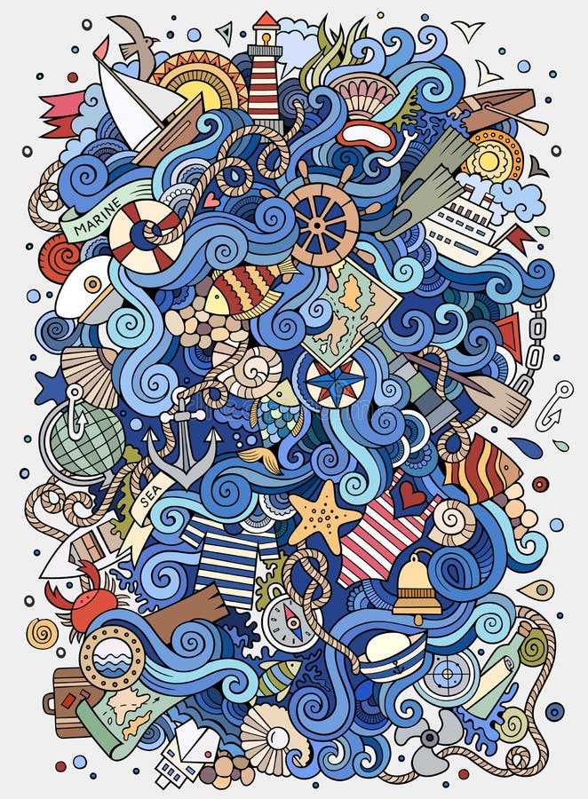 Cartoon hand-drawn doodles nautical, marine illustration. Colorful detailed, with lots of objects vector background. Cartoon hand-drawn doodles nautical, marine illustration. Colorful detailed, with lots of objects vector background