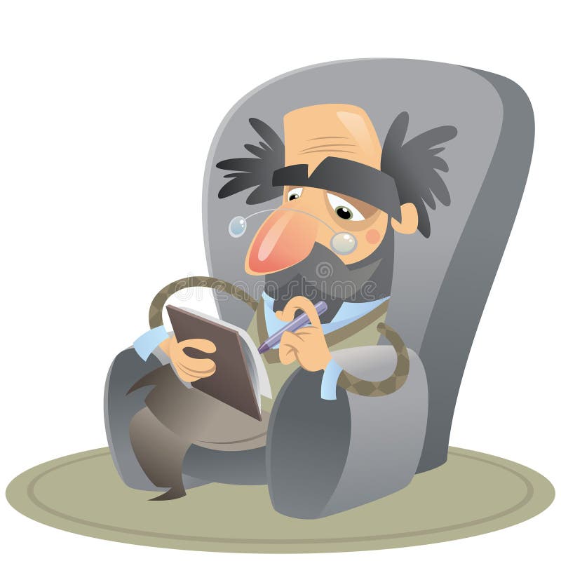 Cartoon thoughtful psychologist sitting on an arm chair keeping notes. Cartoon thoughtful psychologist sitting on an arm chair keeping notes