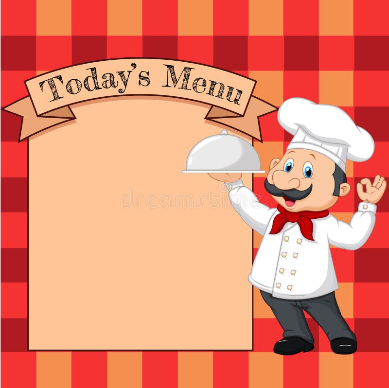 Kreskówka szef kuchni trzyma półmisek wskazuje przy srebnego cloche lub ilustracja wektor Kreskówka szef kuchni trzyma półmisek wskazuje przy srebnego cloche lub ilustracja wektor