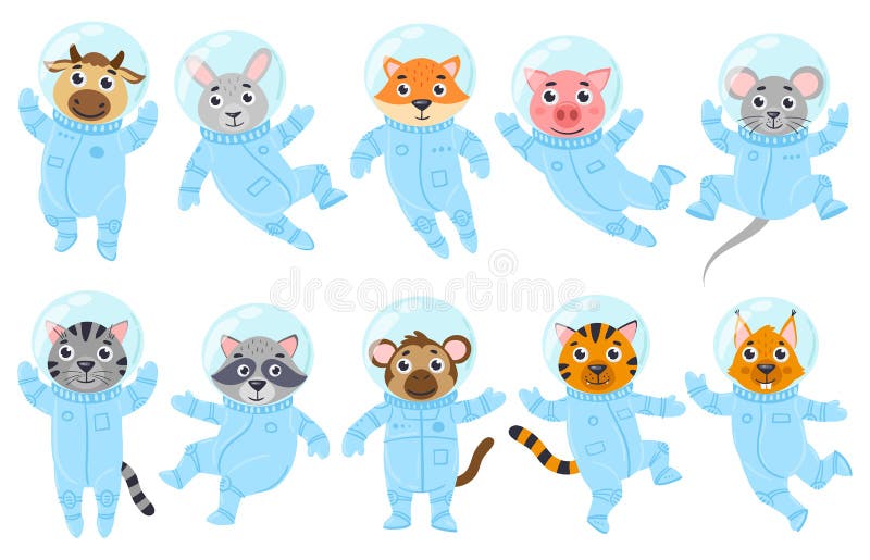 Kreskówka słodkie zwierzęta myszy i koty astronauci w strojach kosmicznych. kosmonauci kosmonautyczne, wektor małp ilustracji