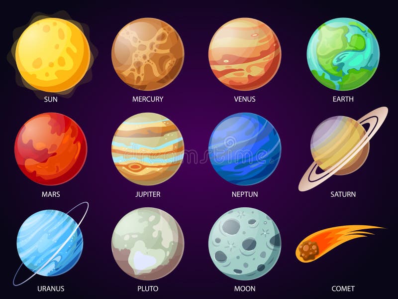 Kreskówka układu słonecznego planety Astronomiczna obserwatorska planeta, meteor i gwiazda, Astronomii wektorowe ikony ustawiać ilustracja wektor Kreskówka układu słonecznego planety Astronomiczna obserwatorska planeta, meteor i gwiazda, Astronomii wektorowe ikony ustawiać ilustracja wektor