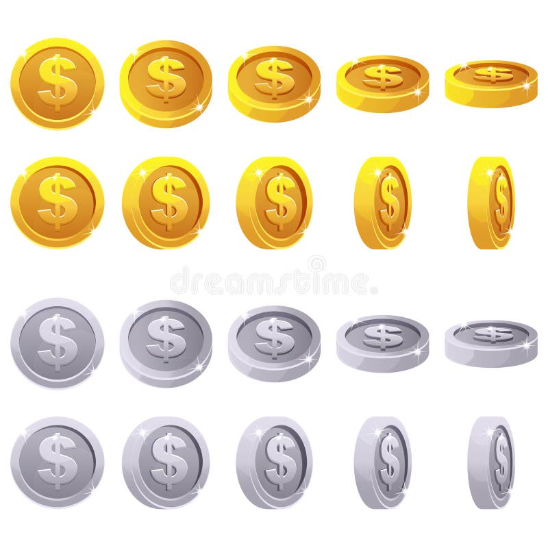 Kreskówka ustawiająca 3D kruszcowe monety, wektorowy animaci gry obracanie ilustracji Kreskówka ustawiająca 3D kruszcowe monety, wektorowy animaci gry obracanie ilustracji