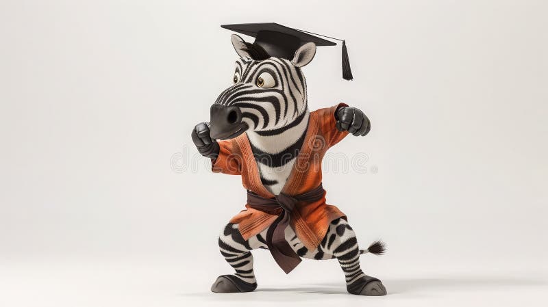 Kreskówka wesoła zebra kung fu w kimono i akademickiej czapce stoją w pozycji walki gotowej do uderzenia. zwierzę wyizolowane na b ilustracji