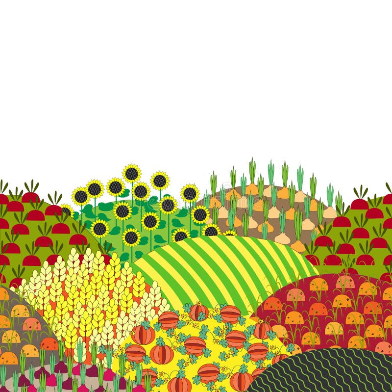 Kreskówka wiejski krajobraz z wzgórzami i polami, wektorowa ilustracja royalty ilustracja Kreskówka wiejski krajobraz z wzgórzami i polami, wektorowa ilustracja royalty ilustracja