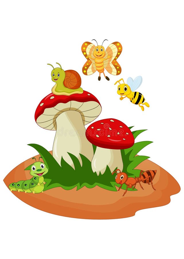 Kreskówka śmieszni insekty z pieczarką royalty ilustracja Kreskówka śmieszni insekty z pieczarką royalty ilustracja