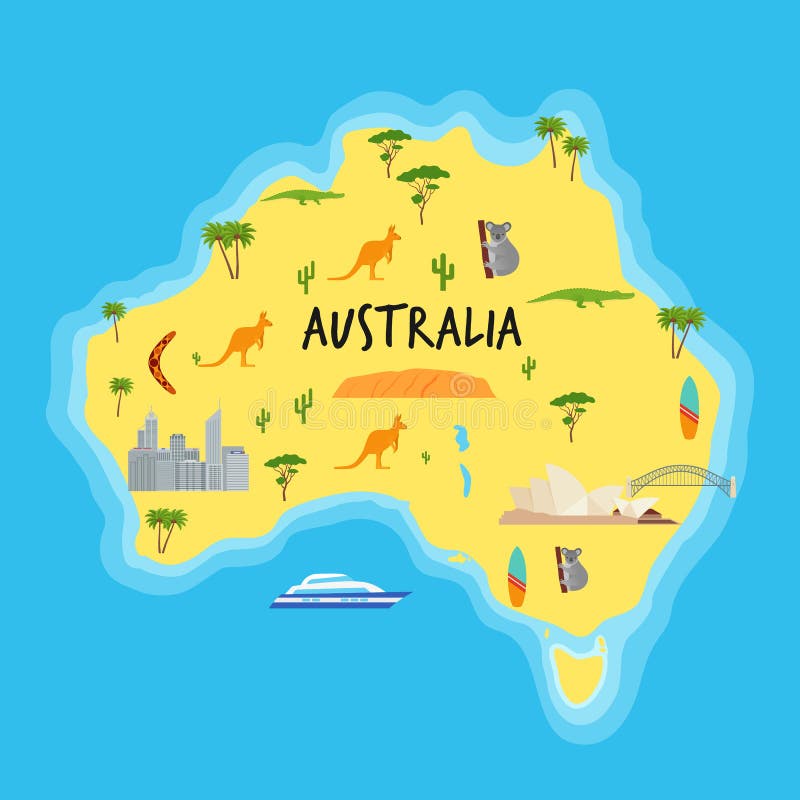 Kreskówki Australia mapa również zwrócić corel ilustracji wektora Australijski stan z ikonami