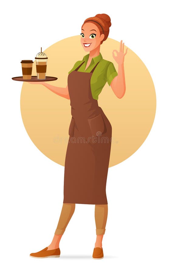 Kreskówki barista kelnerka z filiżankami gorąca i lodowa kawa pokazuje ok szyldowego gest Wektorowa ilustracja odizolowywająca na royalty ilustracja Kreskówki barista kelnerka z filiżankami gorąca i lodowa kawa pokazuje ok szyldowego gest Wektorowa ilustracja odizolowywająca na royalty ilustracja
