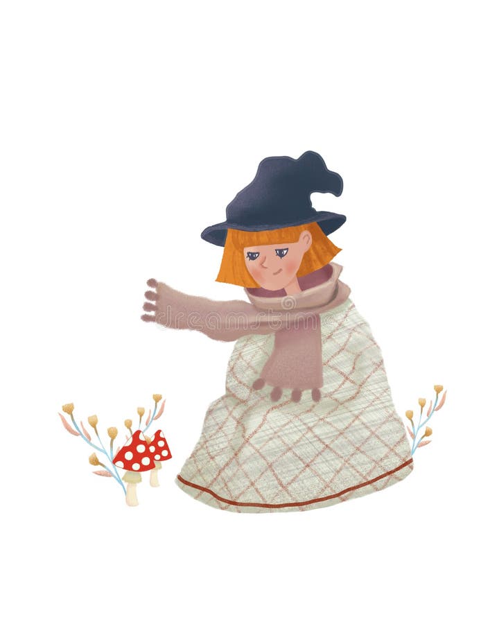Kreskówki czarownicy Mali spojrzenia przy komarnicy bedłką Śliczni raster charakteru illustation jako druk pocztówka i projekt lu ilustracja wektor Kreskówki czarownicy Mali spojrzenia przy komarnicy bedłką Śliczni raster charakteru illustation jako druk pocztówka i projekt lu ilustracja wektor