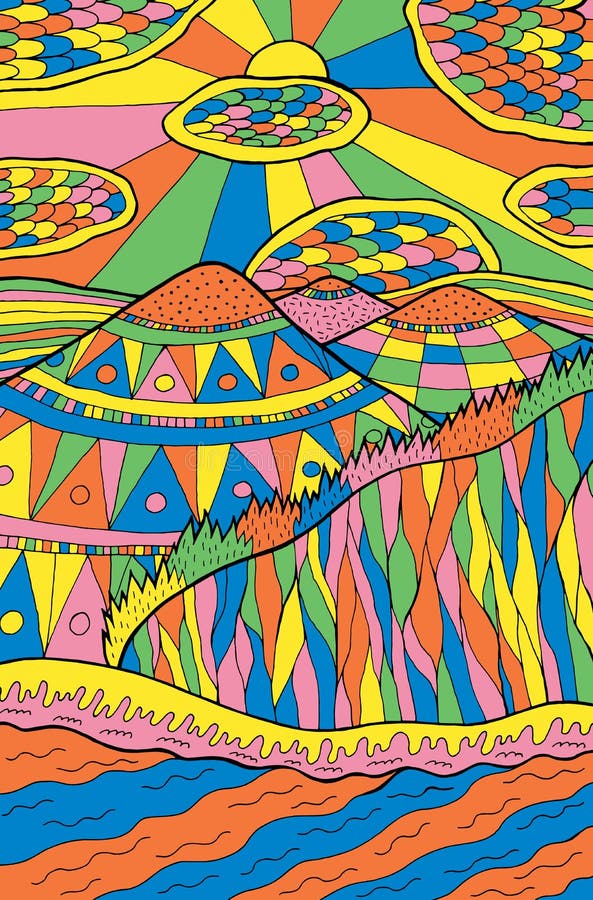 Kreskówki doodle krajobraz Góry, rzeka, chmury, słońce, lasowa Kolorowa psychodeliczna grafika sztuki mody dziewczyny ilustracyjn royalty ilustracja Kreskówki doodle krajobraz Góry, rzeka, chmury, słońce, lasowa Kolorowa psychodeliczna grafika sztuki mody dziewczyny ilustracyjn royalty ilustracja