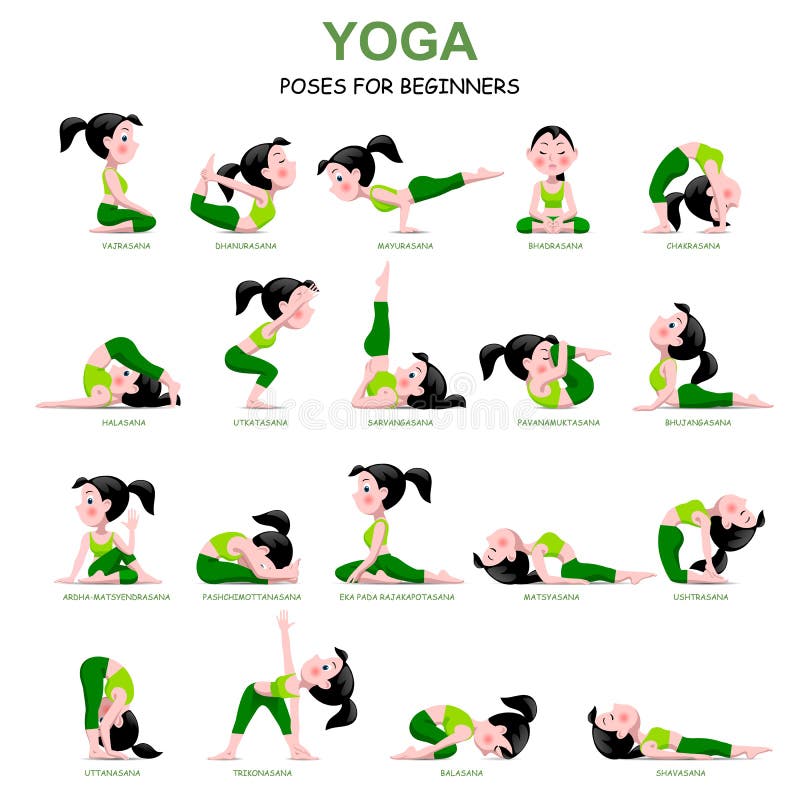 Kreskówki dziewczyna w joga pozach z tytułami dla beginners odizolowywających dalej royalty ilustracja Kreskówki dziewczyna w joga pozach z tytułami dla beginners odizolowywających dalej royalty ilustracja