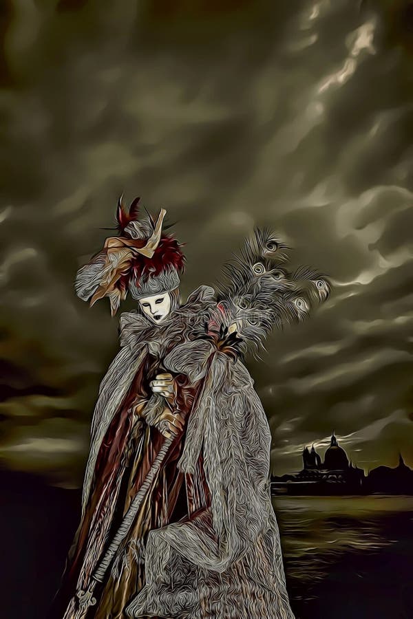 Kreskówki ilustracja jest ubranym długą sukni i bielu maskę podczas Wenecja karnawału w Włochy tajemnicza kobieta royalty ilustracja Kreskówki ilustracja jest ubranym długą sukni i bielu maskę podczas Wenecja karnawału w Włochy tajemnicza kobieta royalty ilustracja