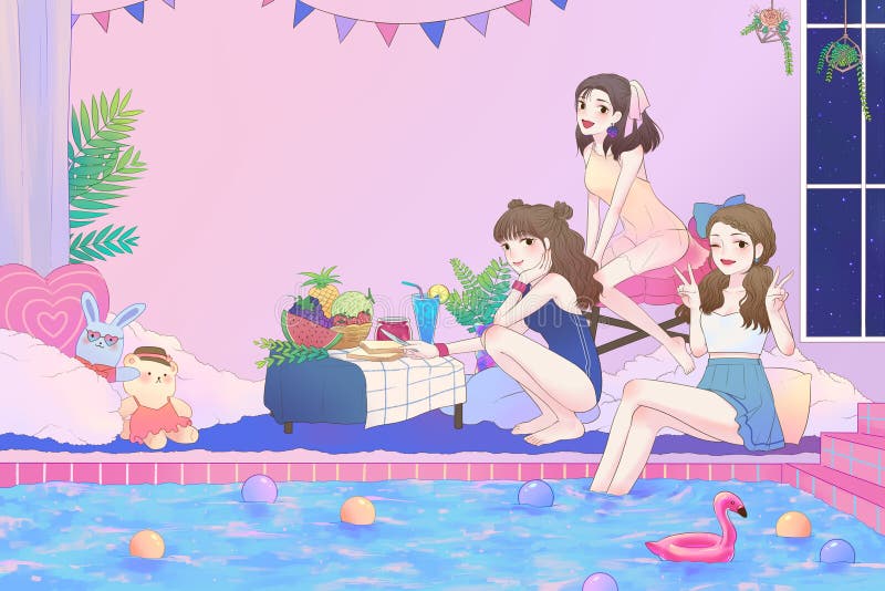 Kreskówki ilustracja 3 ślicznej Azjatyckiej nastoletniej dziewczyny ma zabawy i basenu przyjęcia w wielkiej łazience z swimsuit w ilustracji Kreskówki ilustracja 3 ślicznej Azjatyckiej nastoletniej dziewczyny ma zabawy i basenu przyjęcia w wielkiej łazience z swimsuit w ilustracji