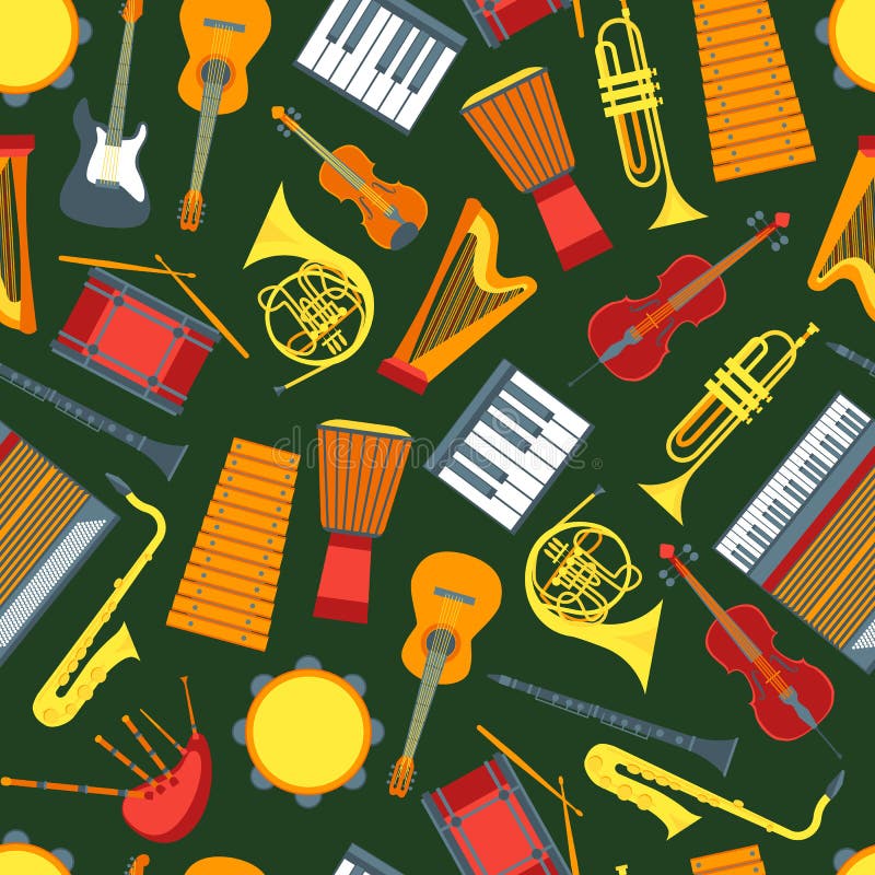 Kreskówki Insrtuments tła Muzykalny wzór na zieleni wektor royalty ilustracja Kreskówki Insrtuments tła Muzykalny wzór na zieleni wektor royalty ilustracja