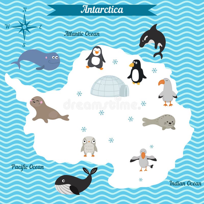 Kreskówki mapa Antarctica kontynent z różnymi zwierzętami ilustracji Kreskówki mapa Antarctica kontynent z różnymi zwierzętami ilustracji