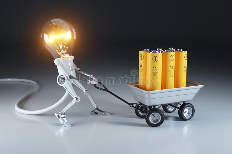 Cartoon personage lamp robot and trolley with batteries. Waste recycling plant. 3d concept. Cartoon personage lamp robot and trolley with batteries. Waste recycling plant. 3d concept.