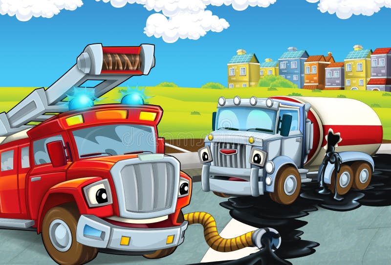 Kreskówki scena z czerwonym firetruck zgromadzeniem rozlewał olej od rozbijającej spłuczki na ulicie - obowiązek ilustracji Kreskówki scena z czerwonym firetruck zgromadzeniem rozlewał olej od rozbijającej spłuczki na ulicie - obowiązek ilustracji