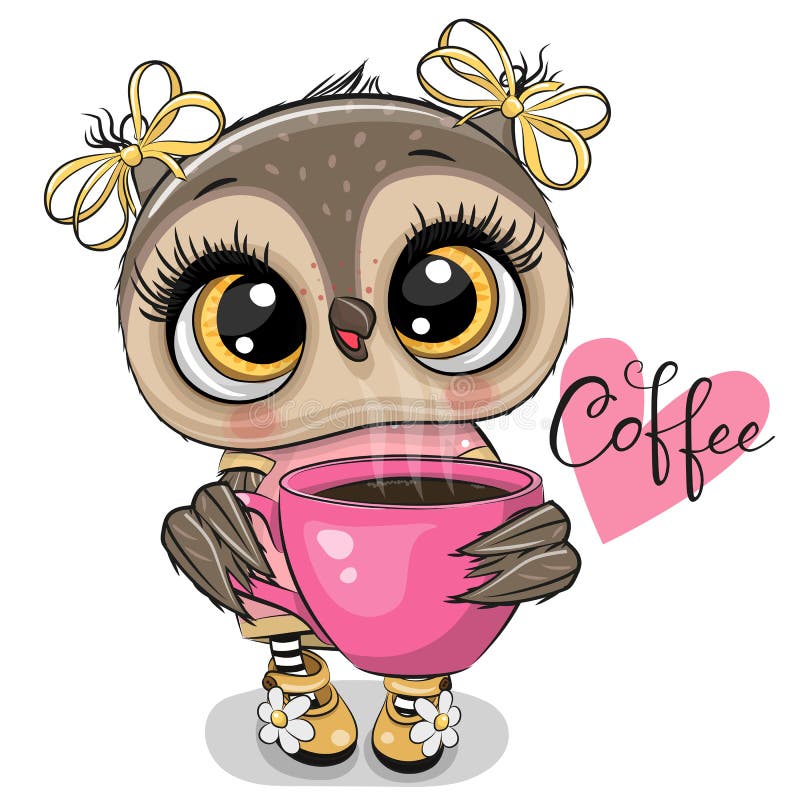 Kreskówki sowa z różowym filiżanka kawy