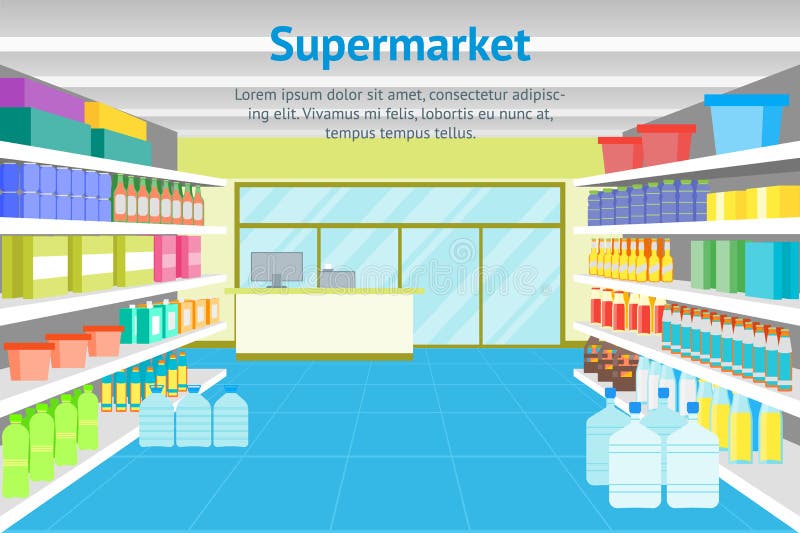 Kreskówki wnętrza supermarket z meble karty plakatem lub sklep wektor royalty ilustracja Kreskówki wnętrza supermarket z meble karty plakatem lub sklep wektor royalty ilustracja
