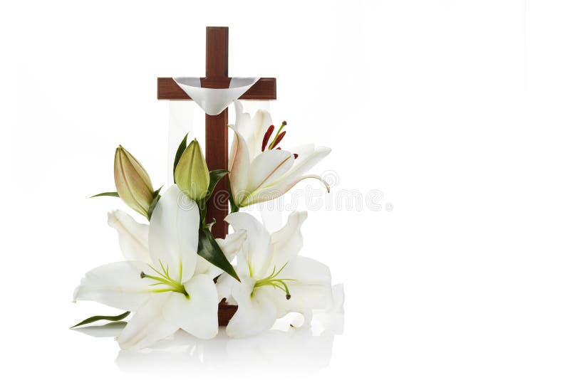 Kreuz mit den Lilien isoliert auf weißem Hintergrund für Zierpflanzen Design. Frühlingshintergrund. Ostern-Karte.