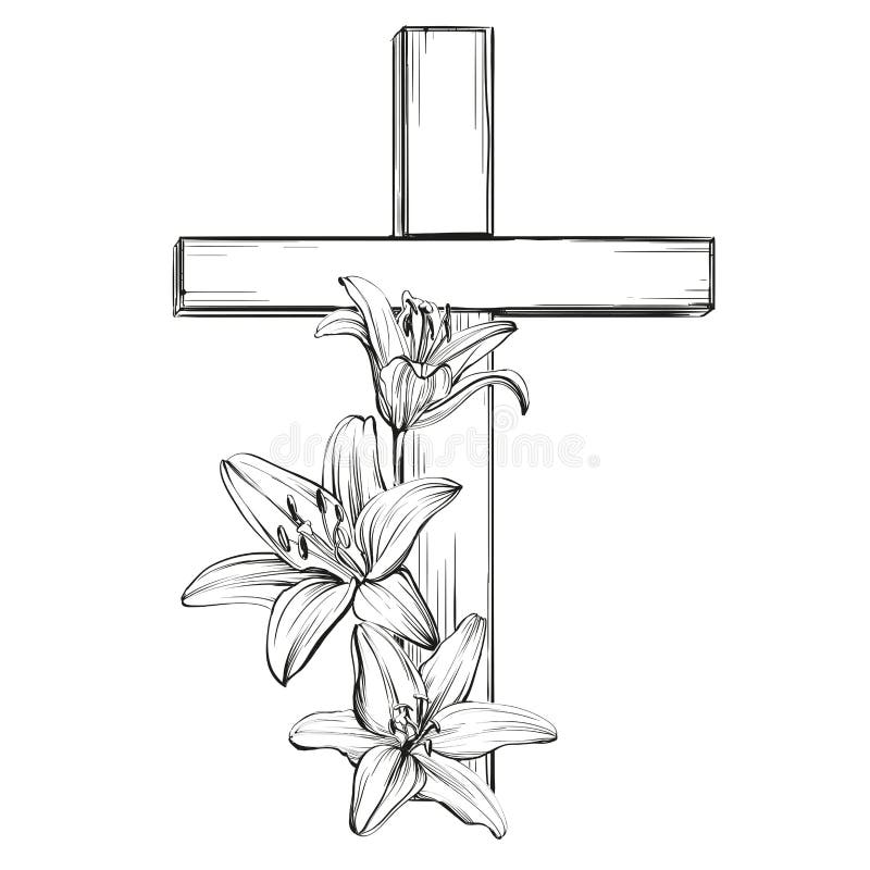 Kreuz und blühende Blumenlilien, ein Symbol des Christentums