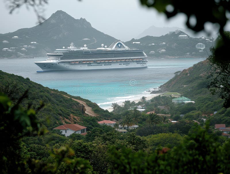 Kreuzfahrtschiff in der Nähe des Küstendorfes : Kontrast städtischen Lebens und rustikalen Charme vektor abbildung
