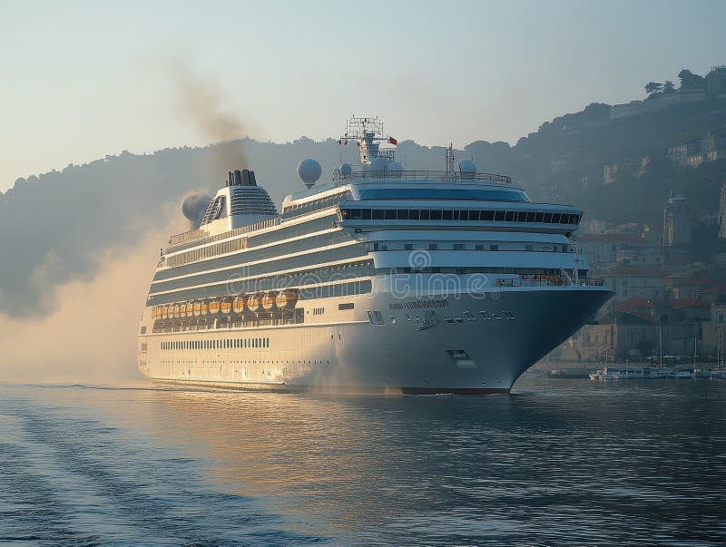 Kreuzfahrtschiff in der Nähe des Küstendorfes : Kontrast städtischen Lebens und rustikalen Charme stock abbildung