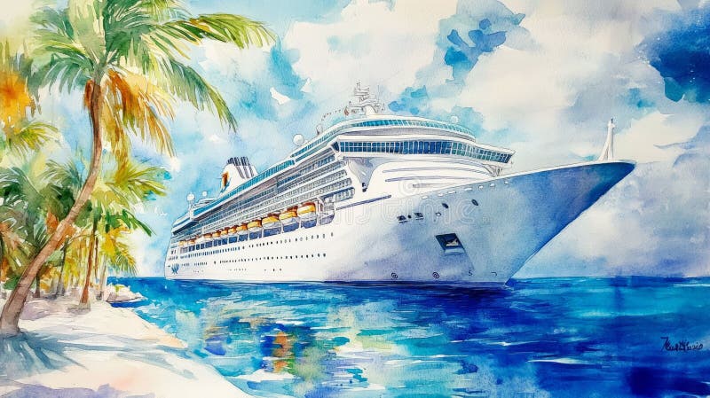Kreuzfahrtschiff in der Nähe der tropischen Insel lizenzfreie abbildung