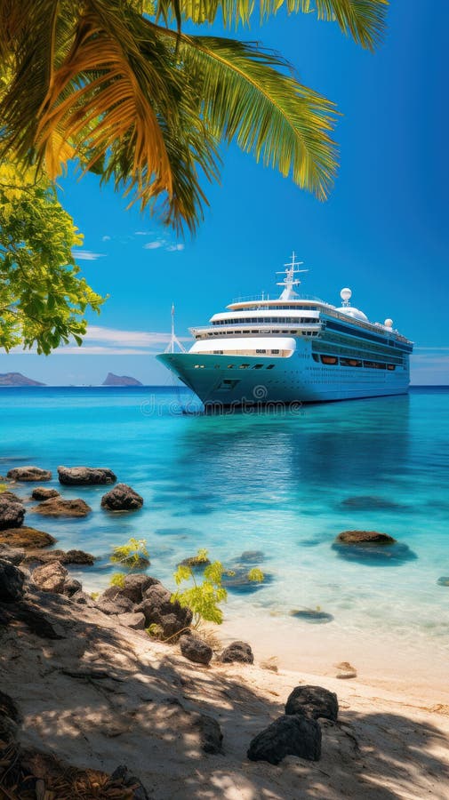 Kreuzfahrtschiff in der Nähe der tropischen Insel stock abbildung
