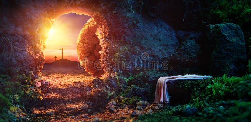 Kreuzigung bei Sonnenaufgang - leeres Grab mit Leichentuch lizenzfreie stockfotos Kreuzigung bei Sonnenaufgang - leeres Grab mit Leichentuch lizenzfreie stockfotos