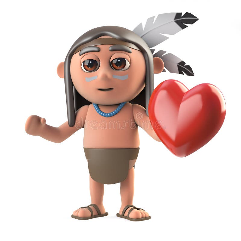 3d render of a funny cartoon native American Indian warrior child character holding a red Valentines heart of romance. 3d render of a funny cartoon native American Indian warrior child character holding a red Valentines heart of romance.