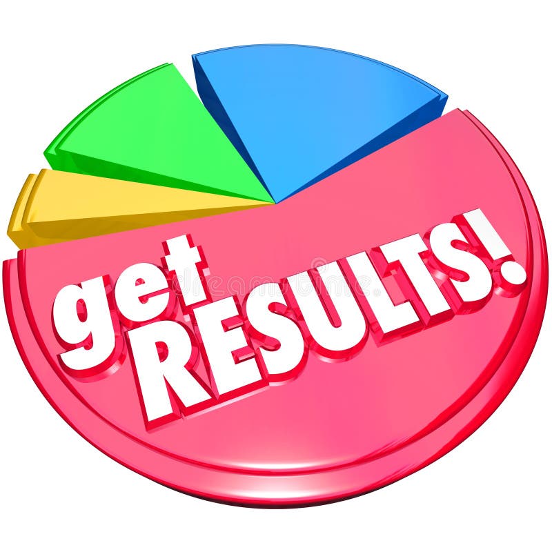 The words Get Results on a pie chart with growing pieces or slices to illustrate improved or increase share or achieved mission. The words Get Results on a pie chart with growing pieces or slices to illustrate improved or increase share or achieved mission