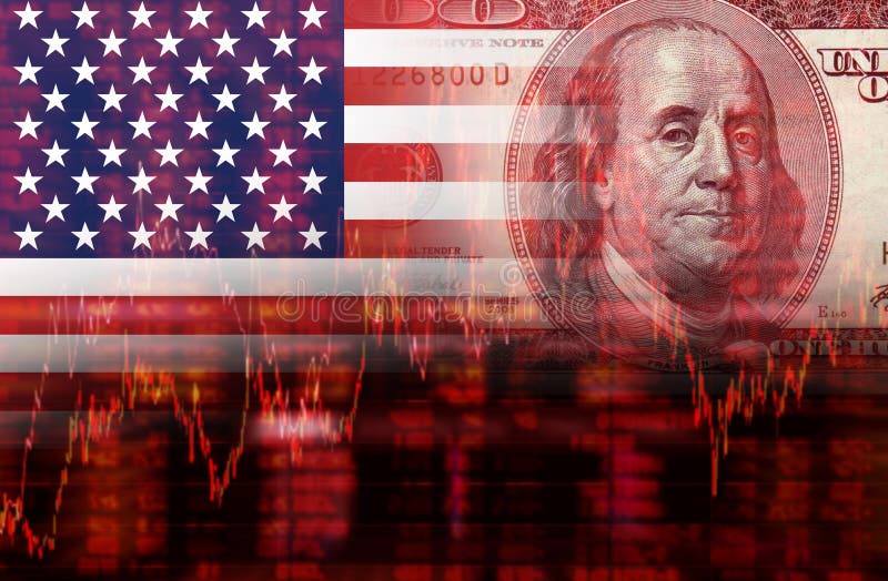 Crisis in USA shares fall graph on United States of America flag with face of Benjamin Franklin from one hundred dollars bill. Crisis in USA shares fall graph on United States of America flag with face of Benjamin Franklin from one hundred dollars bill