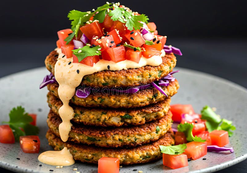 Krispy Vegetarian Fritters med Spicy Salsa och Creamy Sauce royaltyfri illustrationer