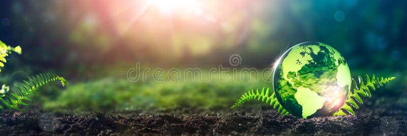 Crystal Earth On Soil In Forest With Ferns And Sunlight - The Environment - Earth Day Concept. Crystal Earth On Soil In Forest With Ferns And Sunlight - The Environment - Earth Day Concept