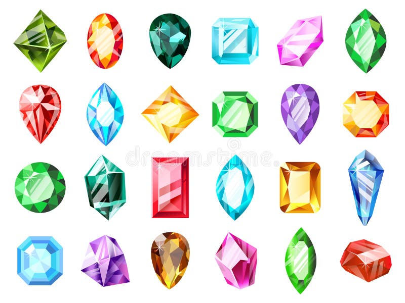 Kristalljuweledelsteine. wertvolle brillante Luxusedelsteine des Kristalldiamantedelsteinjuwelspiel-Edelsteins isolierten Symbole