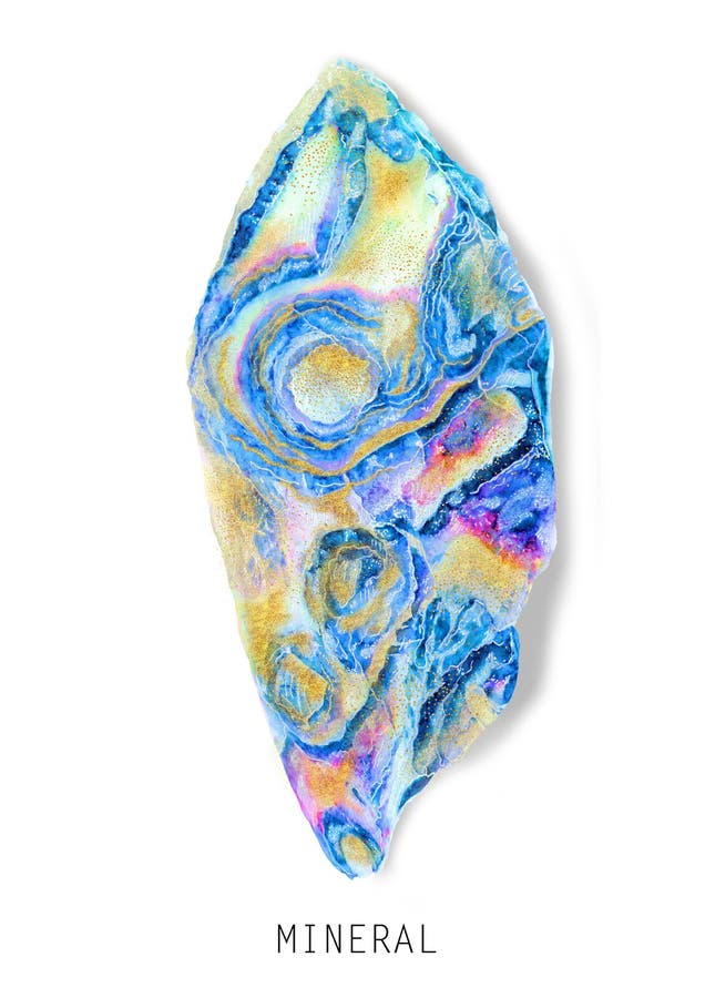 Kristallmineralstein Blue Achats isoliert auf weißem Hintergrund. farbenfroher klarer leichter Abstraktes Entwurf des Aquarells in stock abbildung