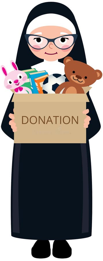 Kristen nunna som rymmer en ask av donationer med leksaker och böcker vektor illustrationer Kristen nunna som rymmer en ask av donationer med leksaker och böcker vektor illustrationer