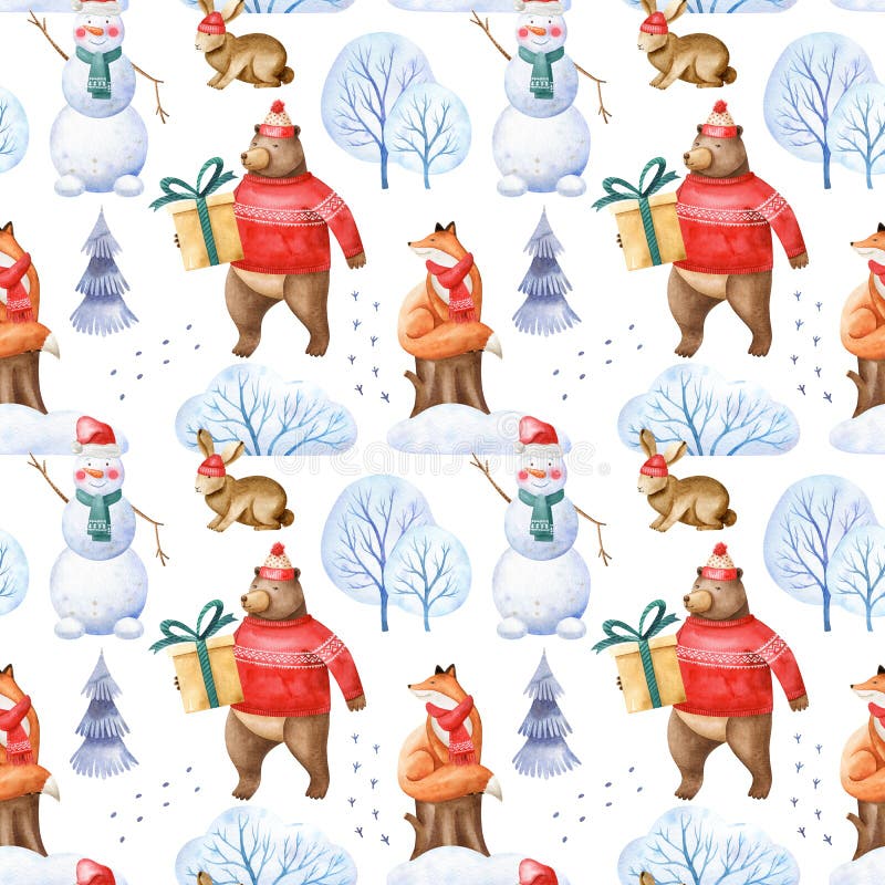 Kristmas, skarvlöst mönster med tecknade skogsdjur Vinterfrostiga träd och snögubbar vektor illustrationer