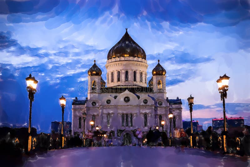 Kristus katedral belyst, Savior med gammaldags gatlyktor av patriarkaliska bryggan nattetid Vattenfärgsformat stock illustrationer Kristus katedral belyst, Savior med gammaldags gatlyktor av patriarkaliska bryggan nattetid Vattenfärgsformat stock illustrationer
