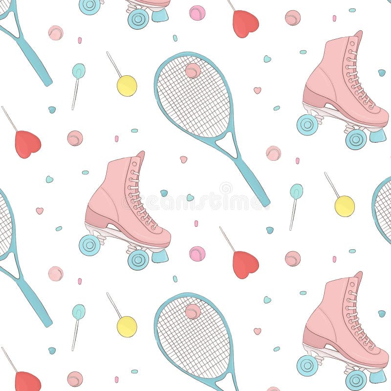 Doodle roller and tennis racket cool modern texture. Happy teen lollipop and sweets pattern. Hobby childhood sport lifestyle print. Doodle roller and tennis racket cool modern texture. Happy teen lollipop and sweets pattern. Hobby childhood sport lifestyle print