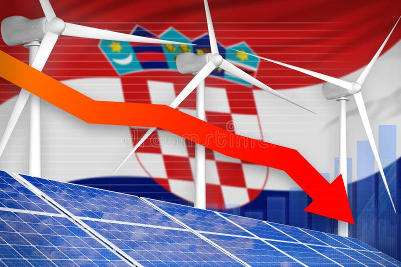 Kroatië zonne en windenergie die grafiek, pijl verlagen - milieu natuurlijke energie industriële illustratie 3D Illustratie vector illustratie Kroatië zonne en windenergie die grafiek, pijl verlagen - milieu natuurlijke energie industriële illustratie 3D Illustratie vector illustratie