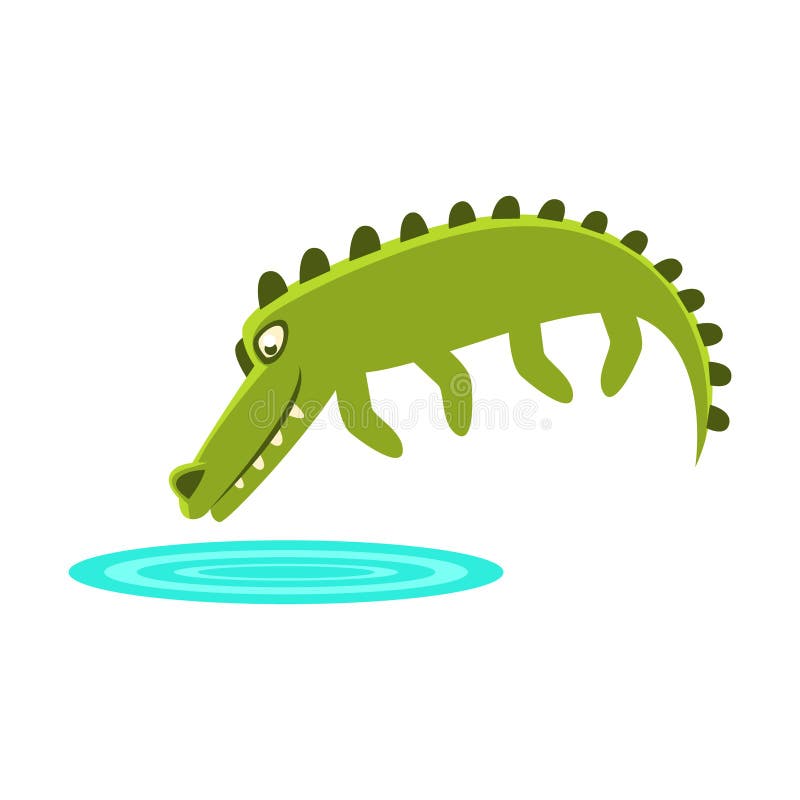Crocodile Jumping In Small Pond Of Water, Cartoon Character And His Everyday Wild Animal Activity Illustration. Green Alligator Reptile Vector Drawing In Childish Cute. Crocodile Jumping In Small Pond Of Water, Cartoon Character And His Everyday Wild Animal Activity Illustration. Green Alligator Reptile Vector Drawing In Childish Cute