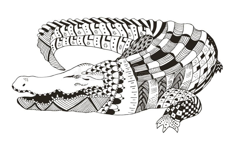 Krokodilzentangle stiliserade, vektorn, illustrationen, modell royaltyfri illustrationer Krokodilzentangle stiliserade, vektorn, illustrationen, modell royaltyfri illustrationer