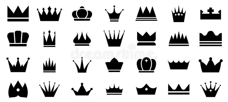 Kronikon. Den kungliga drottningprinsen krönte silhouettes myndighetssymboler lyxkurirens minimala doodleelement för stock illustrationer
