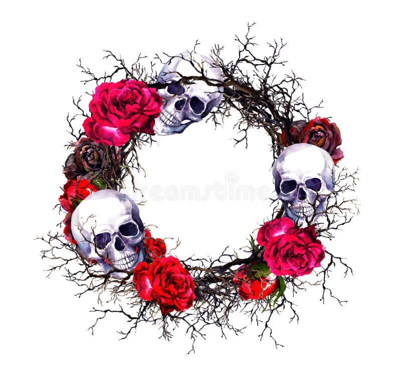 Kroon - schedels, rode rozen, takken De grens van waterverfhalloween grunge royalty-vrije illustratie Kroon - schedels, rode rozen, takken De grens van waterverfhalloween grunge royalty-vrije illustratie