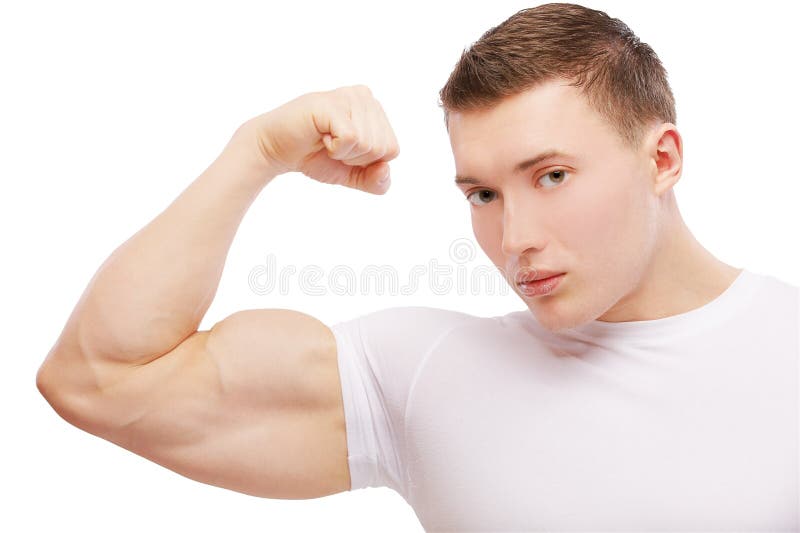 Portrait of muscular athlete man showing biceps on white. Portrait of muscular athlete man showing biceps on white