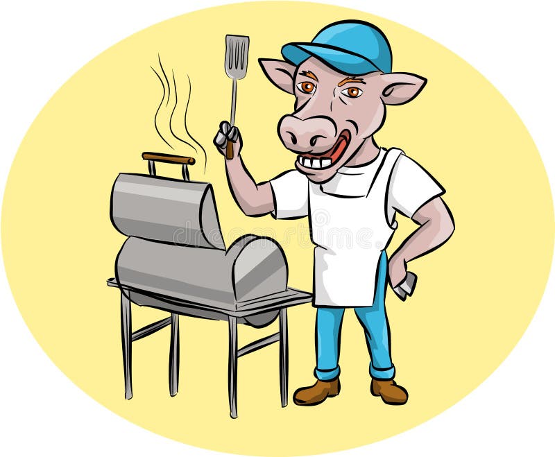 Krowa grilla szefa kuchni palacza owalu kreskówka ilustracja wektor Krowa grilla szefa kuchni palacza owalu kreskówka ilustracja wektor