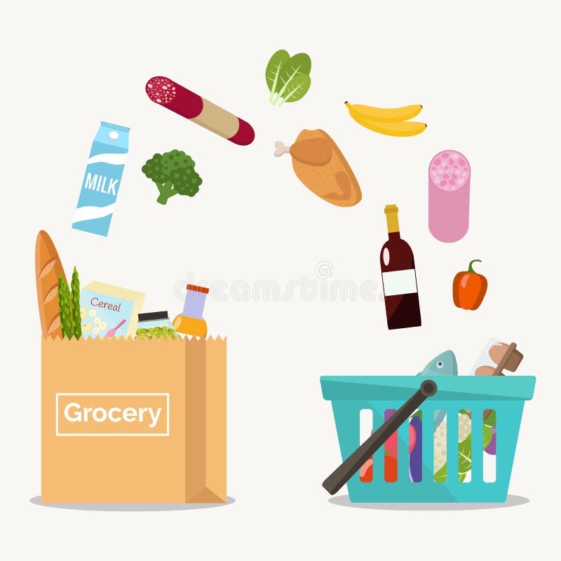Kruidenierswinkels die van een het winkelen mand in een document zak vallen Vecto stock illustratie Kruidenierswinkels die van een het winkelen mand in een document zak vallen Vecto stock illustratie