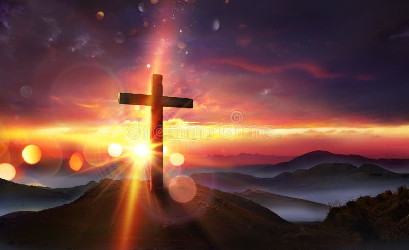 Kruisiging bij de zonsondergang van de jesuskrist op de heuvel