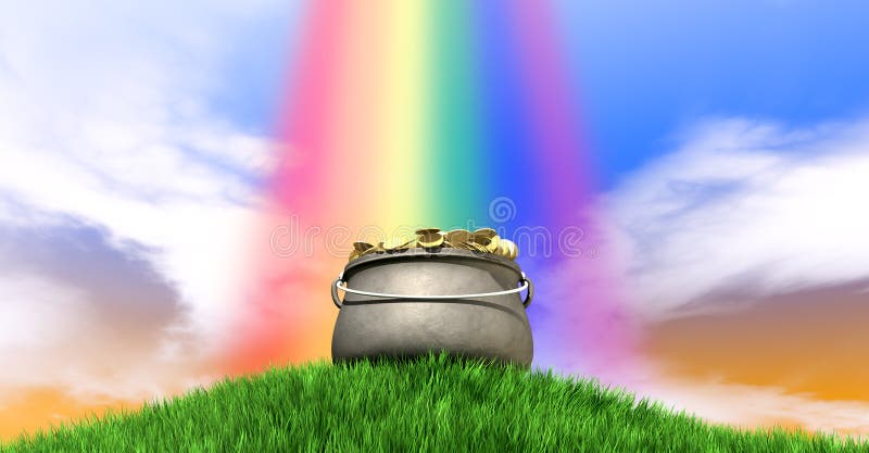 Kruka av guld och regnbågen på den gräs- kullen